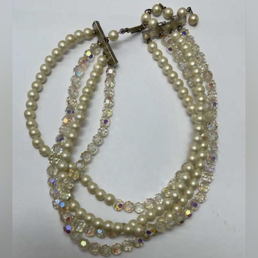 VINTAGE Triple-strand Necklace with Faux pearls & Faceted Aurora Borealis Beads